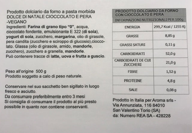 IN VENDITA DAL 28/11/2025 DOLCE DI NATALE CIOCCOLATO E PERA- VEGANO 500 GR
