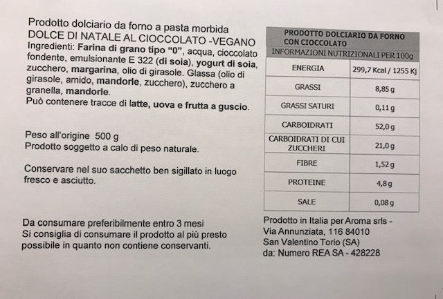 IN VENDITA DAL 28/11/2025 DOLCE DI NATALE CIOCCOLATO- VEGANO 500 GR